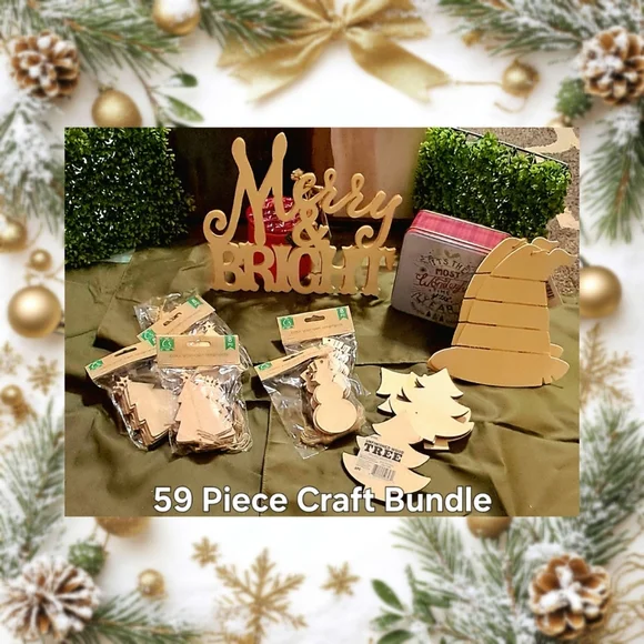 NWT 59Pc Christmas 🎄 Craft Bundle | Wood Ornaments | Tin Container | Wood Signs - Picture 2 of 16